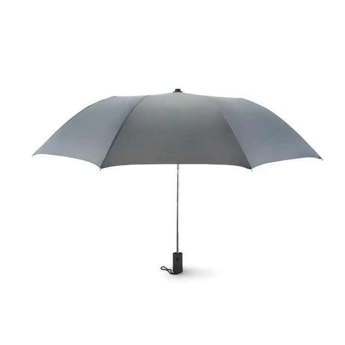 Umbrela pliabila de 21 inch cu design modern, material mat gri, ax metalic subtire si maner negru ergonomics