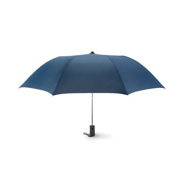 Umbrelă pliabilă de 21 inch albastru închis cu ax subțire metalic și mâner negru ergonomic compact