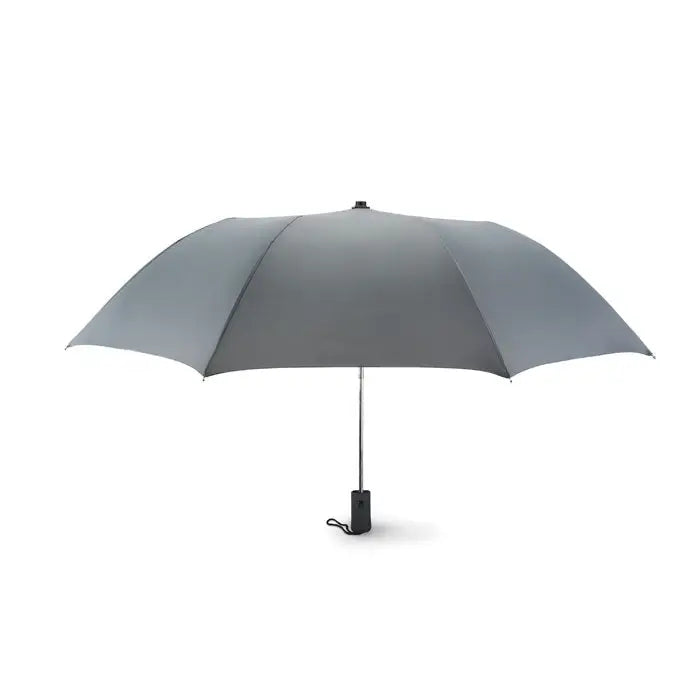Umbrelă pliabilă de 21 inch mată gri cu ax metalic subțire și mâner negru ergonomic compactă