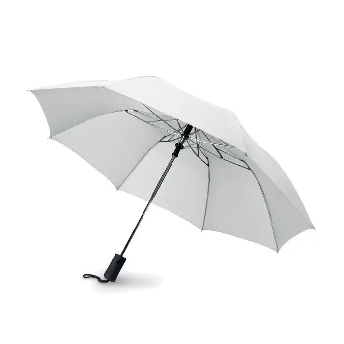 Umbrelă pliabilă de 21 inch albă cu mâner negru elegant și cadru metalic robust