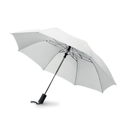 Umbrelă pliabilă de 21 inch albă cu mâner negru elegant și cadru metalic robust