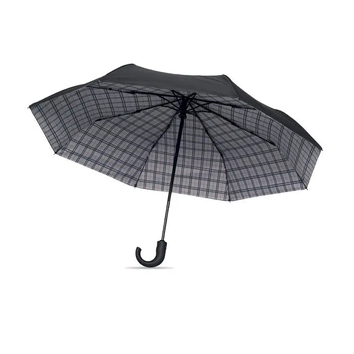 Umbrelă pliabilă de 23 inch cu model tartan negru și mâner curbat ergonomic
