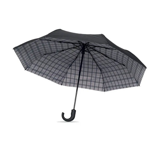Umbrelă pliabilă de 23 inch cu model tartan negru și mâner curbat ergonomic