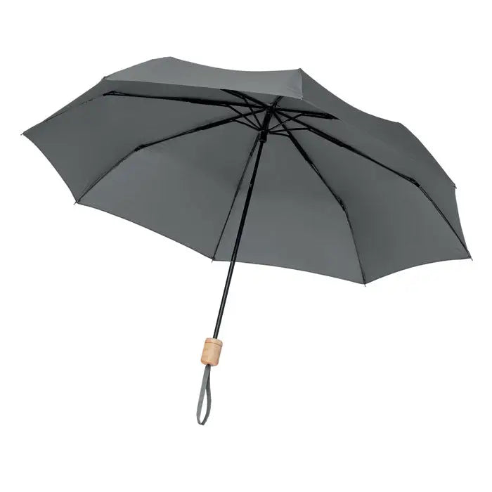 Umbrela pliabila rpet de 21 inch compacta, gri inchis, cu tija neagra si maner texturat lemn deschis