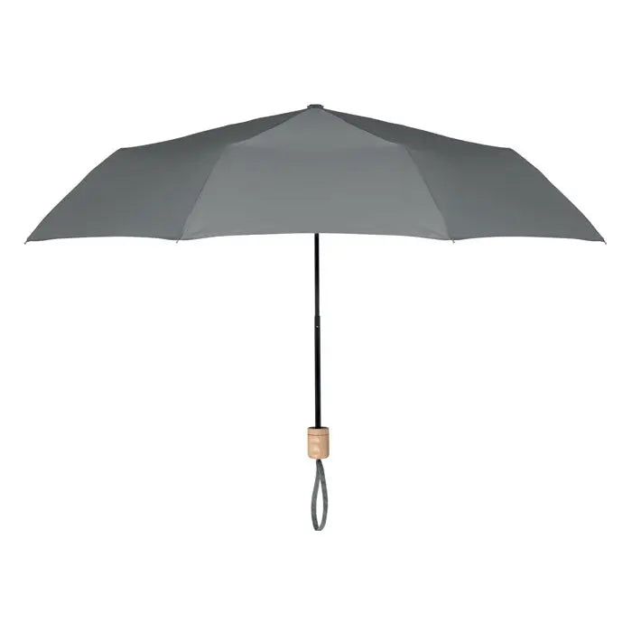 Umbrela pliabila rpet de 21 inch compacta, gri inchis, cu ax negru si maner cu textura lemn usoara