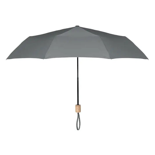Umbrela pliabila rpet de 21 inch compacta, gri inchis, cu ax negru si maner cu textura lemn usoara