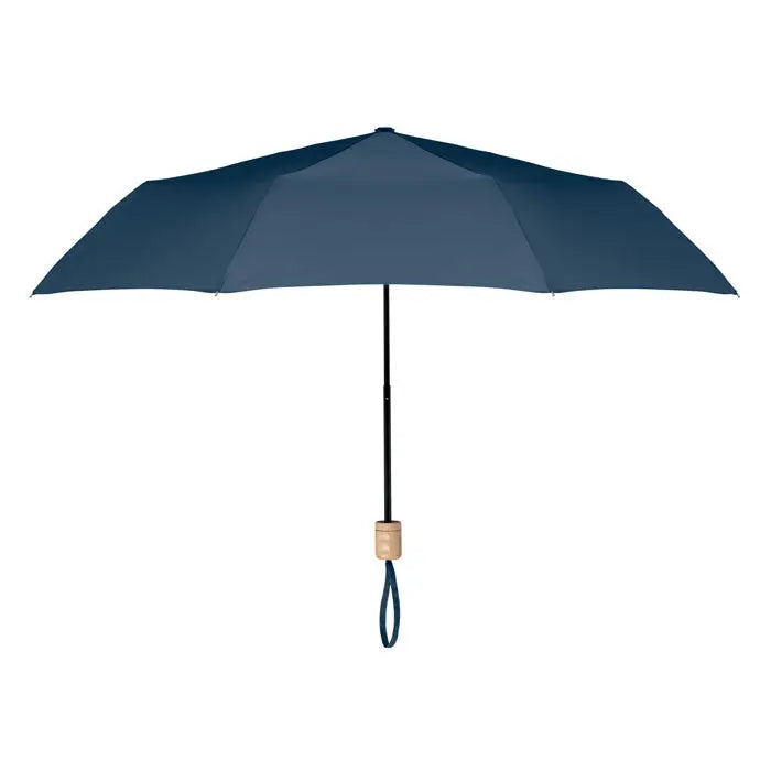 Umbrela pliabila rpET de 21 inch, compacta, bleumarin cu maner negru si priza textura lemn deschis