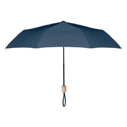 Umbrela pliabila rpET de 21 inch, compacta, bleumarin cu maner negru si priza textura lemn deschis