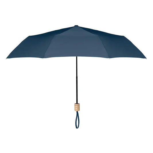 Umbrela pliabila rpET de 21 inch, compacta, bleumarin cu maner negru si priza textura lemn deschis