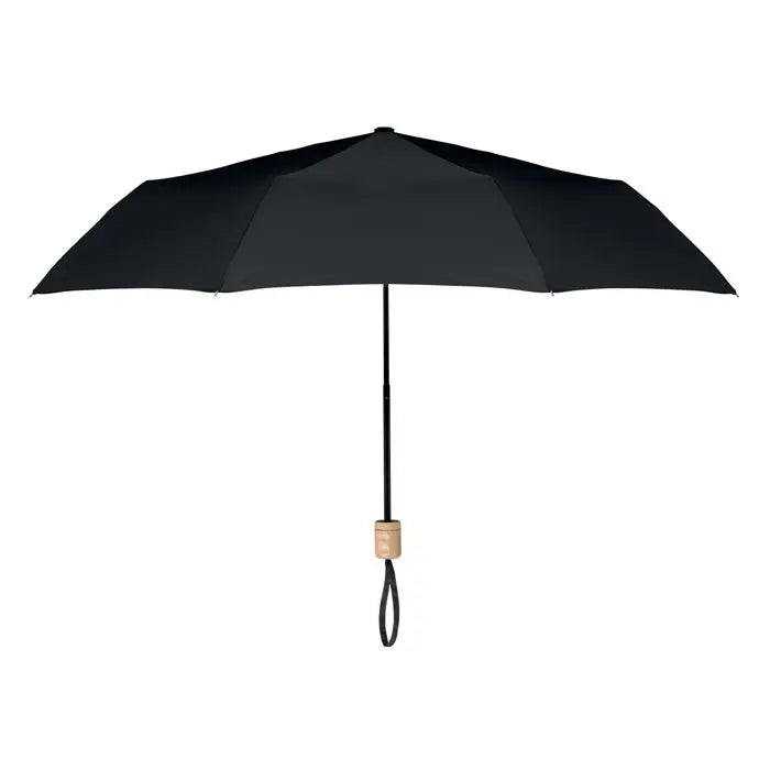 Umbrelă pliabilă rpET de 21 inch cu mâner din lemn și canopy negru compact pentru ploaie