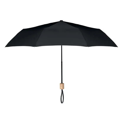 Umbrelă pliabilă rpET de 21 inch cu mâner din lemn și canopy negru compact pentru ploaie