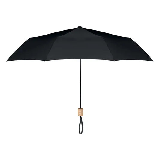 Umbrelă pliabilă rpET de 21 inch cu mâner din lemn și canopy negru compact pentru ploaie