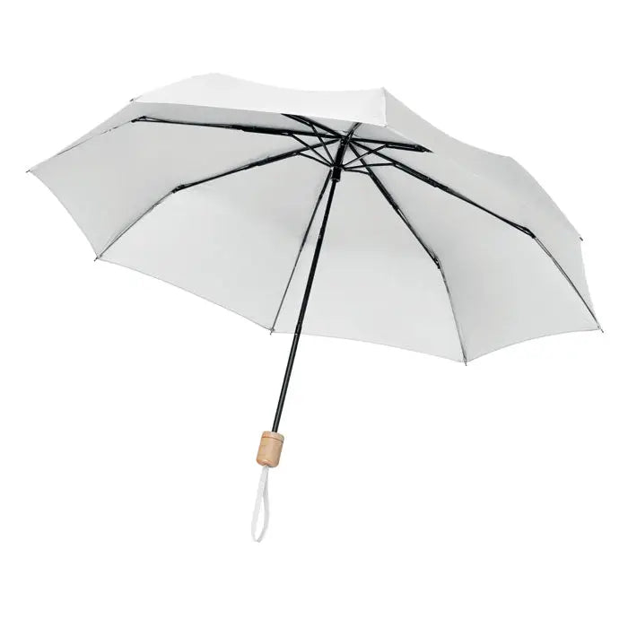 Umbrela pliabila rpET de 21 inch alba cu spițe negre și mâner din lemn