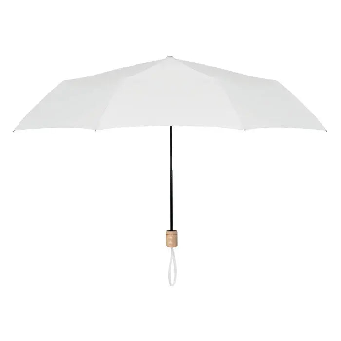 Umbrelă pliabilă albă de 21 inch cu tija neagră și mâner din lemn din material rpET compactă