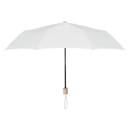 Umbrelă pliabilă albă de 21 inch cu tija neagră și mâner din lemn din material rpET compactă