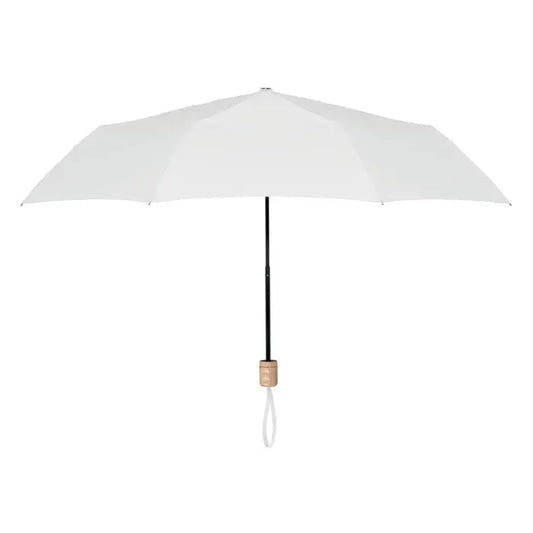 Umbrelă pliabilă albă de 21 inch cu tija neagră și mâner din lemn din material rpET compactă