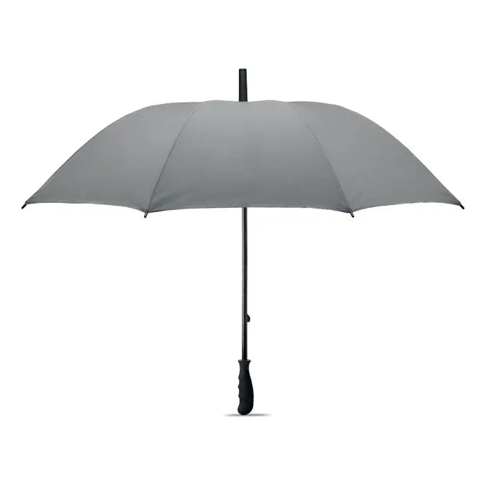 Umbrelă reflectorizantă de 23 inch gri cu mâner și tija negre, elegante și complet deschisă