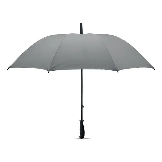 Umbrelă reflectorizantă de 23 inch gri cu mâner și tija negre, elegante și complet deschisă