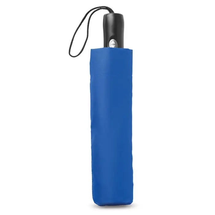 Umbrelă reversibilă pliabilă albastră cu mâner negru ergonomic și curea de prindere pentru încheietură