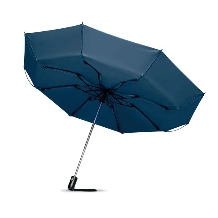 Umbrela reversibila pliabila albastru inchis cu ax metalic si maner negru ergonomic compacta si eleganta