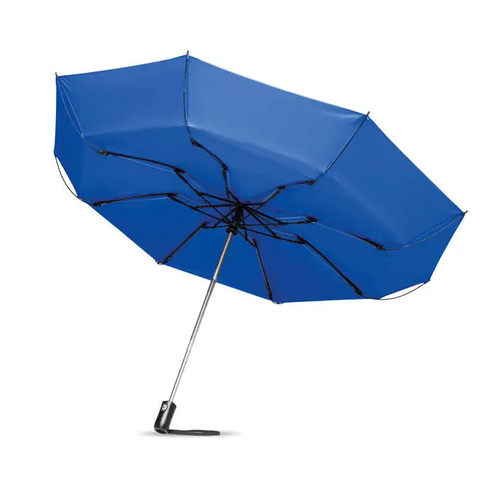 Umbrelă reversibilă pliabilă albastru regal vibrant cu ax argintiu și mâner negru ergonomic