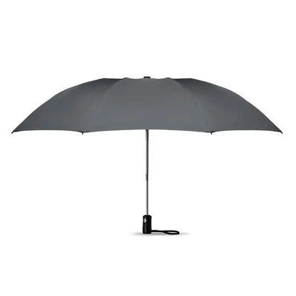Umbrela reversibila pliabila gri inchis cu ax metalic subtire si maner negru ergonomic