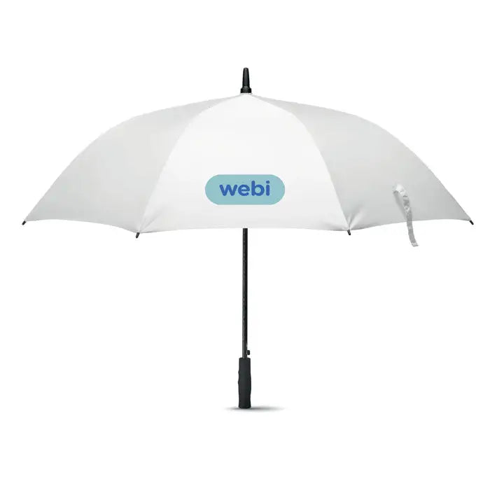 Umbrela rezistenta la vant alb cu maner si ax negru si logo albastru webi pe suprafata de 27 inch