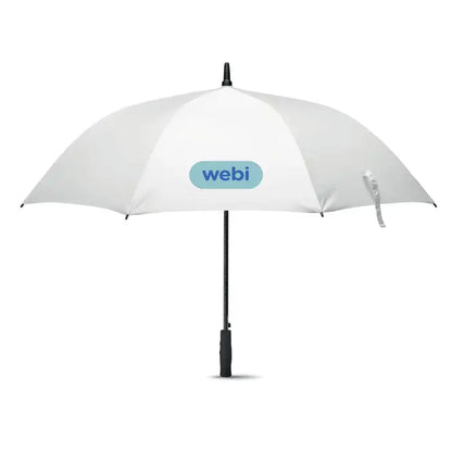 Umbrela rezistenta la vant alb cu maner si ax negru si logo albastru webi pe suprafata de 27 inch