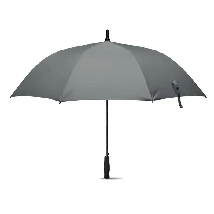 Un umbrelă rezistentă la vânt de 27 inch, gri, deschisă complet, cu mâner și tijă negre elegante