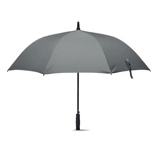 Un umbrelă rezistentă la vânt de 27 inch, gri, deschisă complet, cu mâner și tijă negre elegante