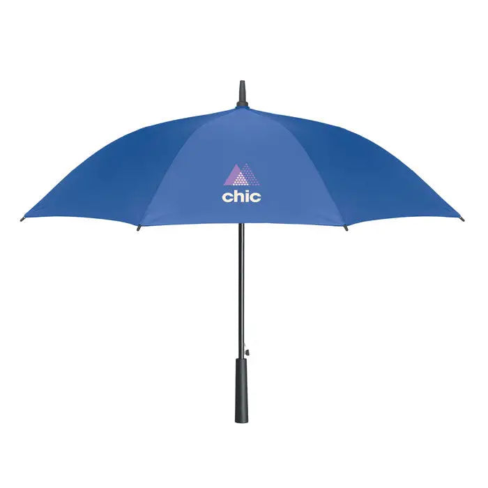 Umbrela rezistenta la vant de 23 inch albastra brand chic cu maner si ax negru lucios si logo modern pe cupola