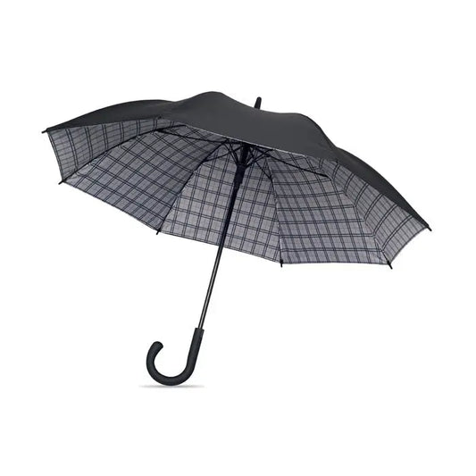 Umbrelă rezistentă la vânt de 23 inch cu model gri în carouri subtil pe copertină și mâner curbat elegant