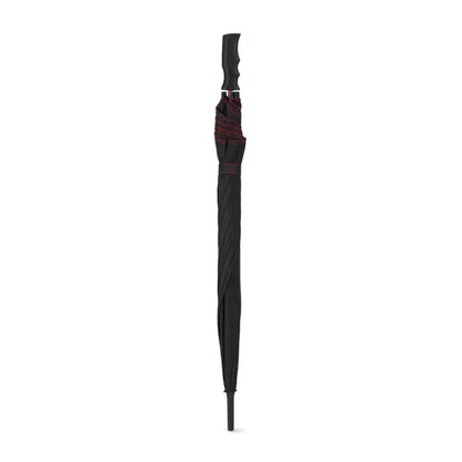Umbrela rezistenta la vant de 23 inch neagra cu maner texturat si cusaturi discrete bordo pe copertina pliata