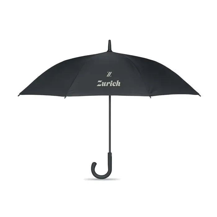 Umbrelă rezistentă la vânt de 23 inch neagră cu mâner curbat și logo zurich alb pe cupolă
