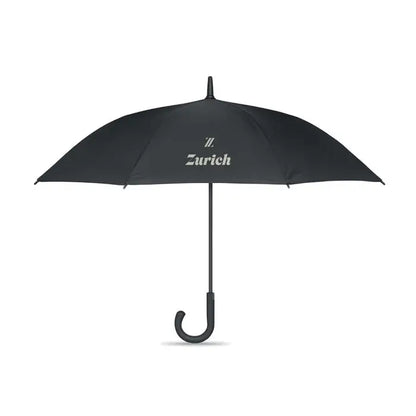Umbrelă rezistentă la vânt de 23 inch neagră cu mâner curbat și logo zurich alb pe cupolă