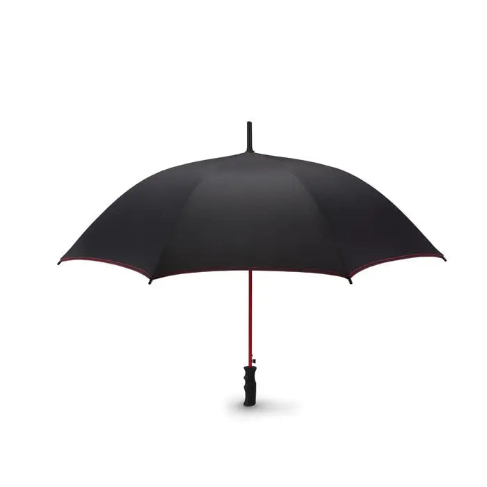 Umbrelă rezistentă la vânt de 23 inch cu cupolă neagră și ax roșu cu mâner negru din material durabil