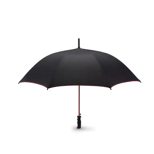 Umbrelă rezistentă la vânt de 23 inch cu cupolă neagră și ax roșu cu mâner negru din material durabil
