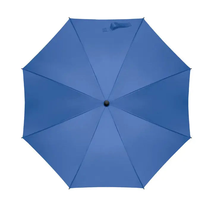 Umbrela rezistenta la vant de 23 inch albastra solida cu design minimalist si disc central negru complet deschisa