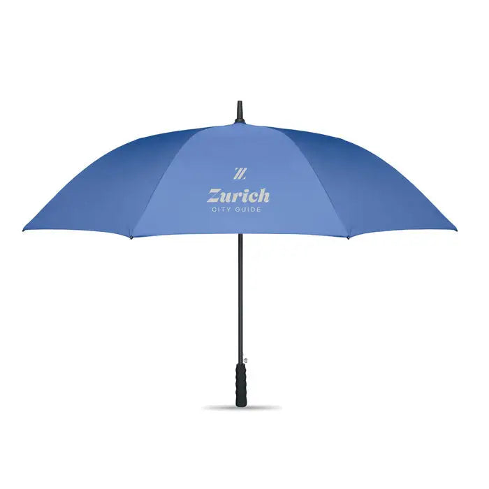 Umbrela rezistenta la vant de 27 inch albastra cu maner si ax negru si logo zurich city guide alb pe capac