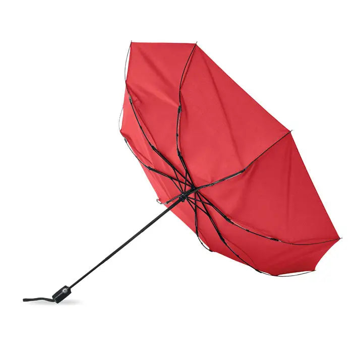 Umbrela rezistenta la vant de 27 inch, compacta, rosie cu ax si maner negru, ideala pentru ploaie si vant