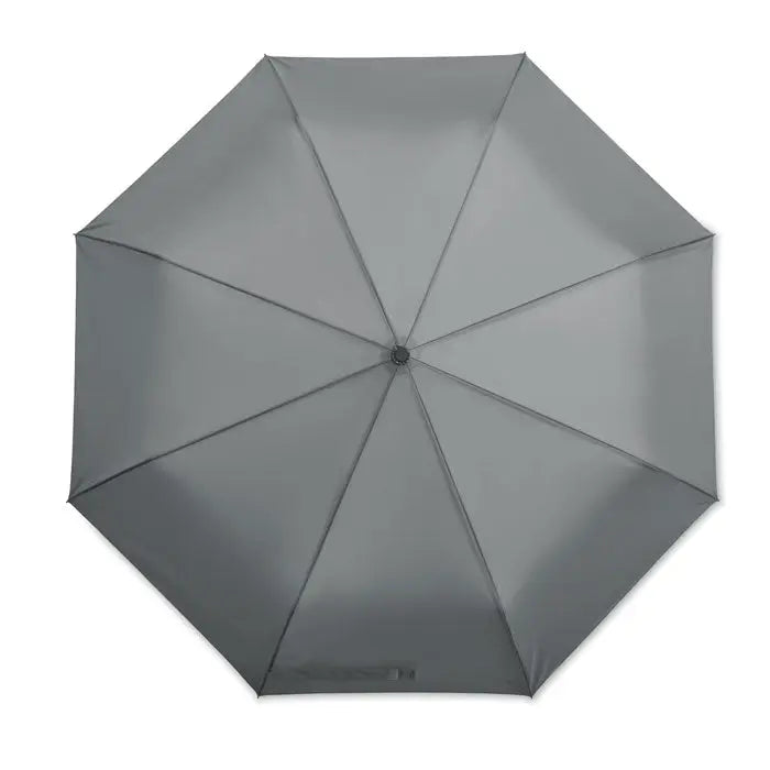 O umbrelă rezistentă la vânt de 27 inch compactă, mată gri cu design minimalist și branding subtil la bază