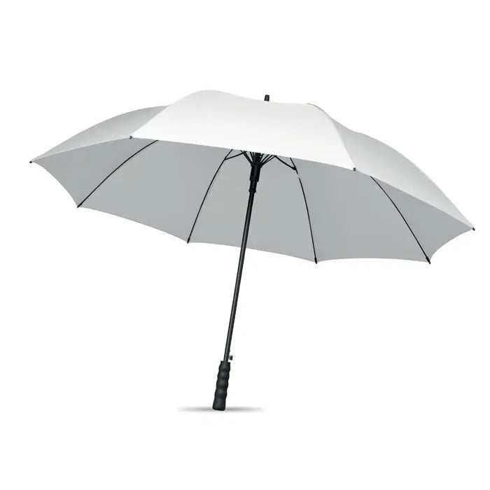 Umbrela rezistenta la vant de 27 inch cu canopy alb si partea inferioara gri, ax negru si maner texturat