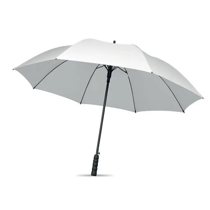 Umbrela rezistenta la vant de 27 inch cu canopy alb si partea inferioara gri, ax negru si maner texturat