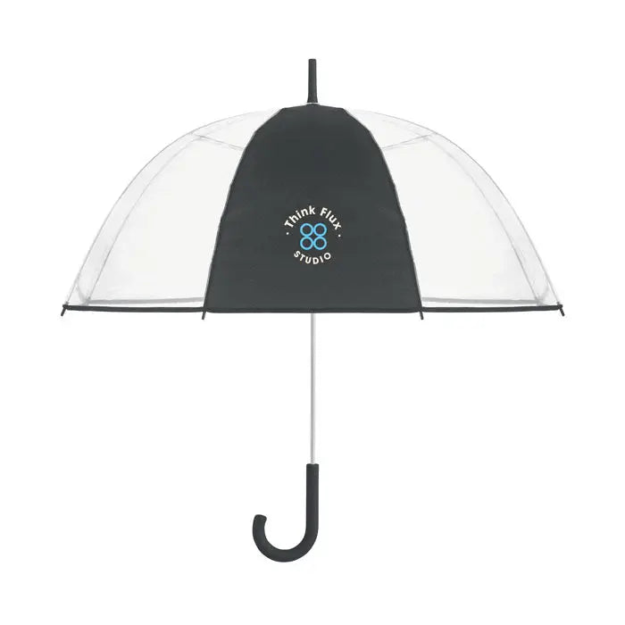 Umbrelă transparentă de 23 inch cu panou central negru și logo think flux studio albastru și alb mâner curbat negru shaftsilver