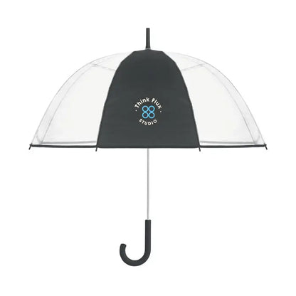 Umbrelă transparentă de 23 inch cu panou central negru și logo think flux studio albastru și alb mâner curbat negru shaftsilver