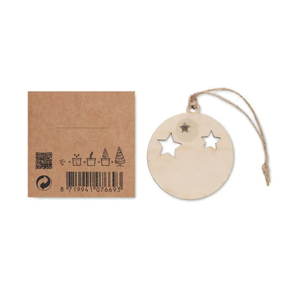 Umeras din lemn circular cu trei decupaje stea si snur natural pentru agatere, culoare deschisa, ornament decorativ
