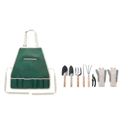 Sort de gradina verde cu bretele bej si buzunare multiple pentru unelte de gradina