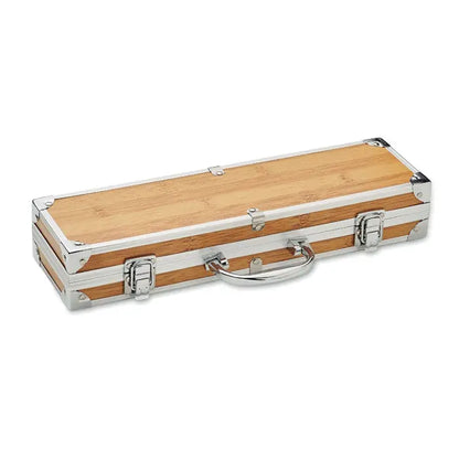 Carcasa eleganta din bambus si aluminiu argintiu cu maner robust pentru unelte de gratar din otel inoxidabil