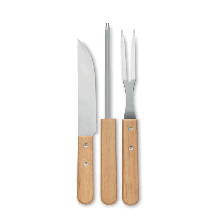 Set elegant de unelte pentru grătar din oțel inoxidabil cu mânere din lemn deschis format din cuțit, furculiță și ciocan de frăgezit carne