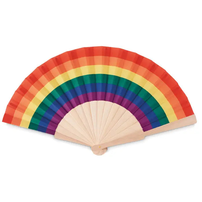 Ventilator de mana din lemn cu maner din lemn si model curcubeu vibrant pe panzele pliabile